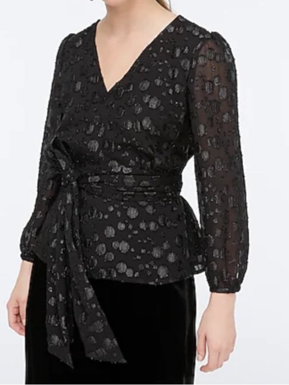 J. Crew V-Neck Metallic Black Dot Chic Chiffon Long-sleeve Blouse Size XS